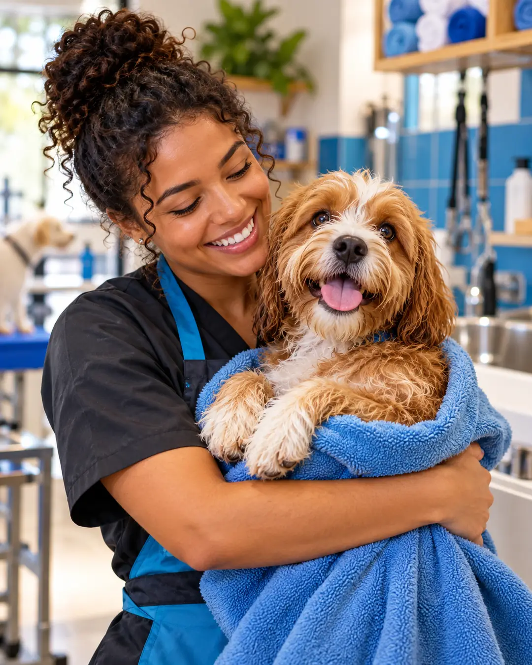 Profissional sorrindo com um cachorro recém-banhado no colo